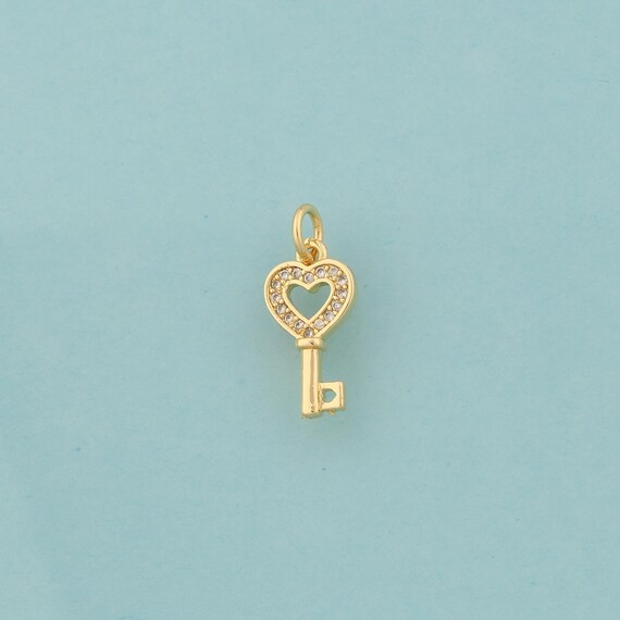 Gold CZ Key Charms,Heart Jewelry,Love Pendant for DIY Jewelry Making,18K Gold