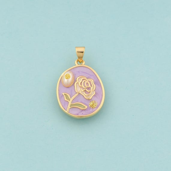 Gold Flower Charms,Round Jewelry,Enamel Flower Pendant for DIY Jewelry Making,18K Gold