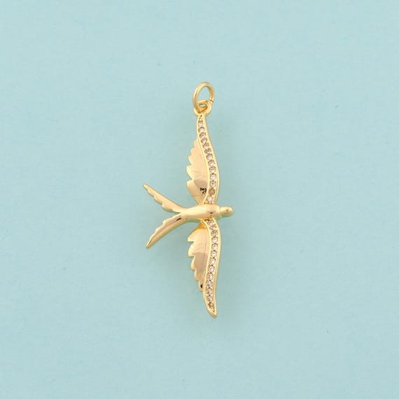 Gold CZ Swallow Charms,Animal Jewelry,Flying Pendant for DIY Jewelry Making,18K Gold