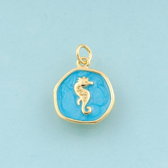 Gold Enamel Seahorse Charms,Round Jewelry,Seahorse Pendant for DIY Jewelry Making,18K Gold