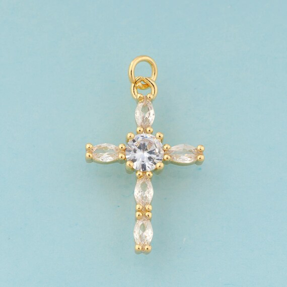Gold CZ Cross Charms,Religious Jewelry,Christian Pendant for DIY Jewelry Making,18K Gold