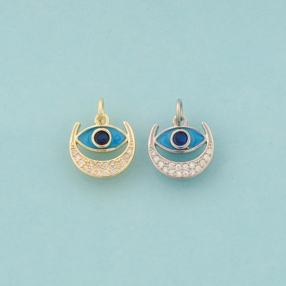 Gold CZ Moon Charms,Evil Eye Jewelry,Enamel Devil Eye Pendant for DIY Jewelry Making,18K Gold