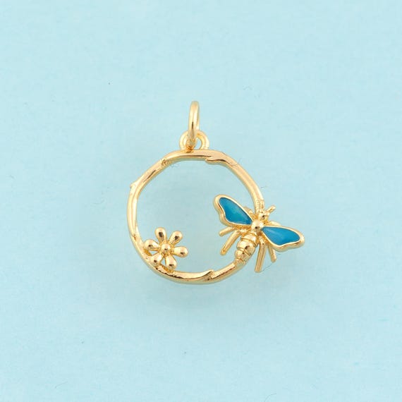 Gold Enamel Flower Charms,Insect Jewelry,Insect Pendant for DIY Jewelry Making,18K Gold