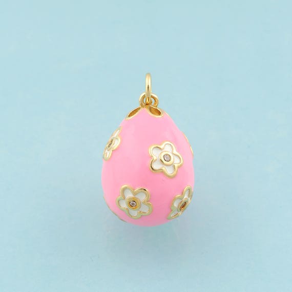 Gold CZ Easter Egg Charms,Flower Egg Jewelry,Enamel Egg Pendant for DIY Jewelry Making,18K Gold