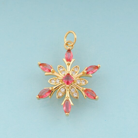 Gold CZ Snowflake Charms,Flower Jewelry,Snowflake Pendant for DIY Jewelry Making,18K Gold