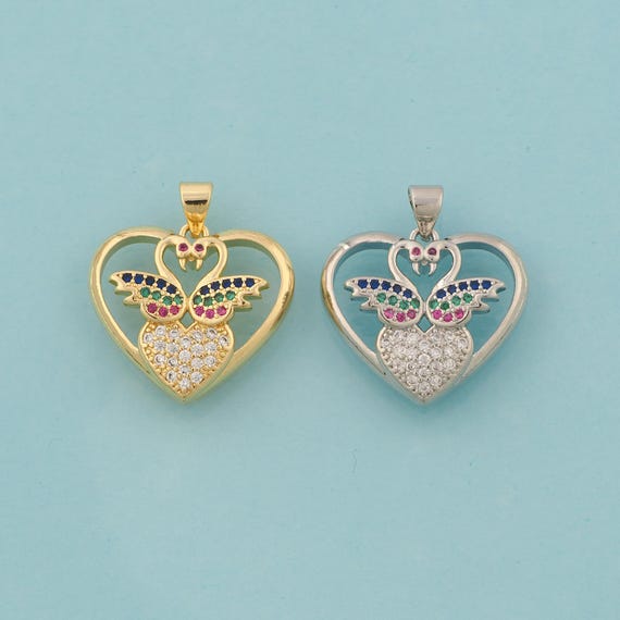 Gold CZ Heart Charms,Love Jewelry,Swan Pendant for DIY Jewelry Making,18K Gold