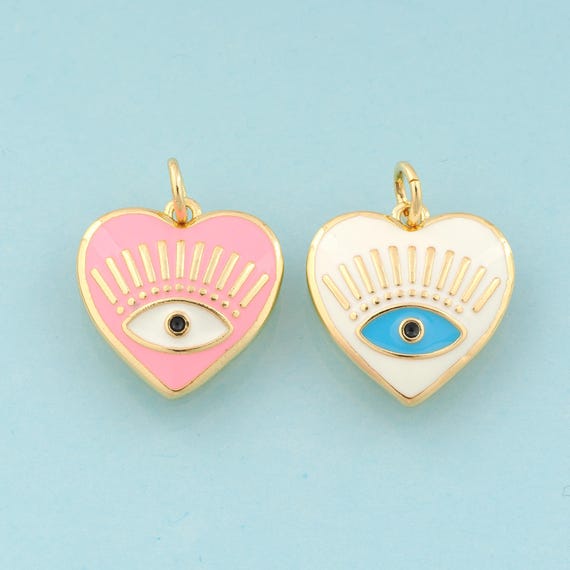 Gold Enamel Heart Charms,Evil Eye Jewelry,Devil Eye Pendant for DIY Jewelry Making,18K Gold