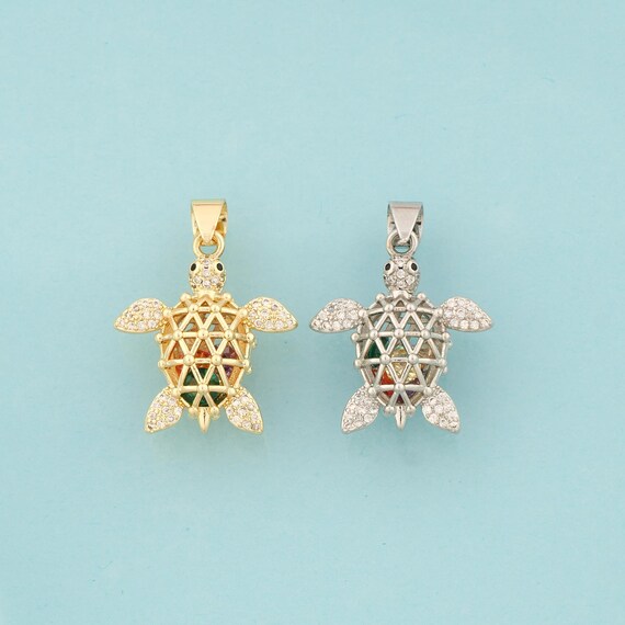 Gold CZ Turtle Charms,Turtle Jewelry,Turtle Pendant for DIY Jewelry Making,18K Gold & Rhodium