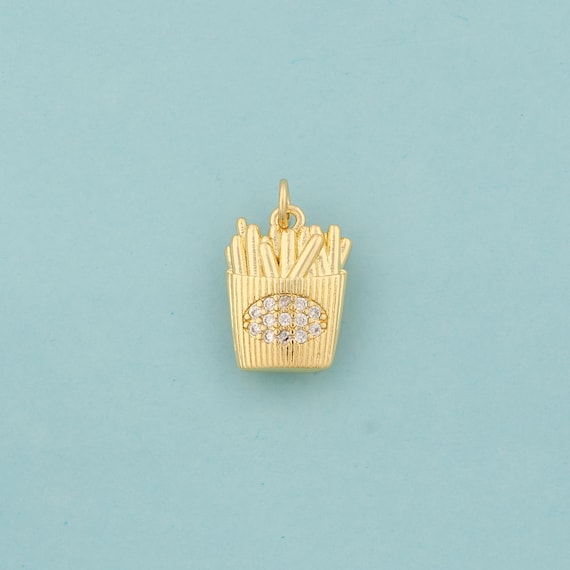 Gold CZ French Fries Charms,Gourmet Jewelry,French Fries Pendant for DIY Jewelry Making,18K Gold