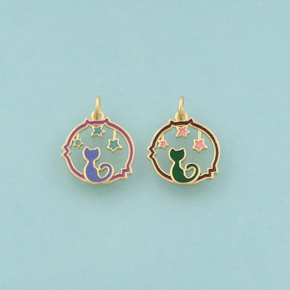 Gold Cat Charms,Star Jewelry,Enamel Animal Pendant for DIY Jewelry Making,18K Gold