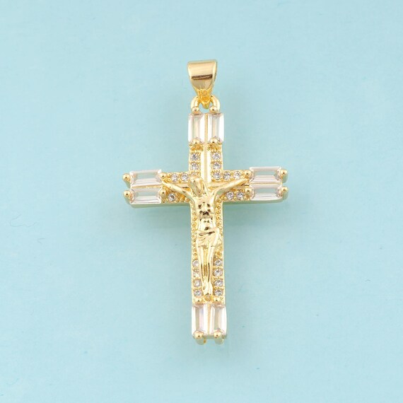 Gold CZ Cross Charms,Religious Jewelry,Victim Pendant for DIY Jewelry Making,18K Gold