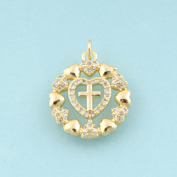 Gold CZ Heart  Charms,Cross Jewelry,Christian Pendant for DIY Jewelry Making,18K Gold