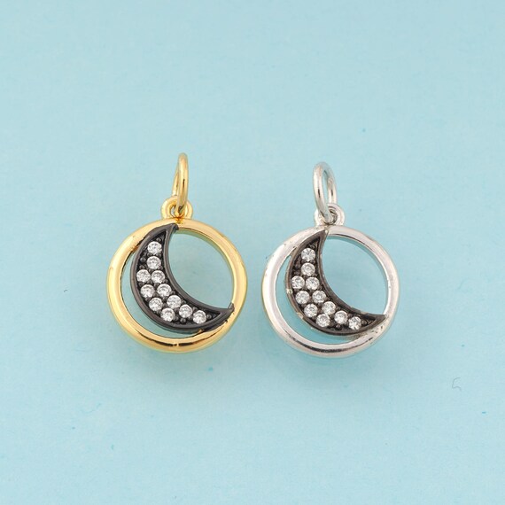 Gold CZ Crescent Moon Charms,Round Jewelry,Moon Pendant for DIY Jewelry Making,18K Gold & Rhodium