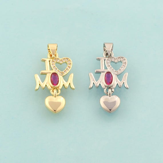 Gold CZ I Love MOM Charms,Heart Jewelry,Letter Pendant for DIY Jewelry Making,18K Gold