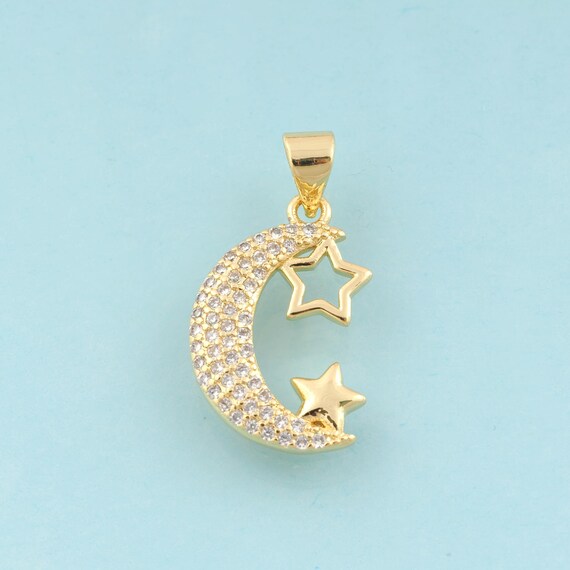 Gold CZ Moon Charms,Star Jewelry,Celestial Pendant for DIY Jewelry Making,18K Gold
