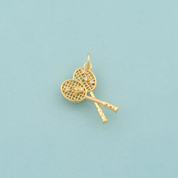 Gold CZ Badminton Charms,Sports Jewelry,Racket Pendant for DIY Jewelry Making,18K Gold