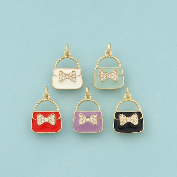 Gold CZ Handbag Charms,Bow Jewelry,Enamel Handbag Pendant for DIY Jewelry Making,18K Gold