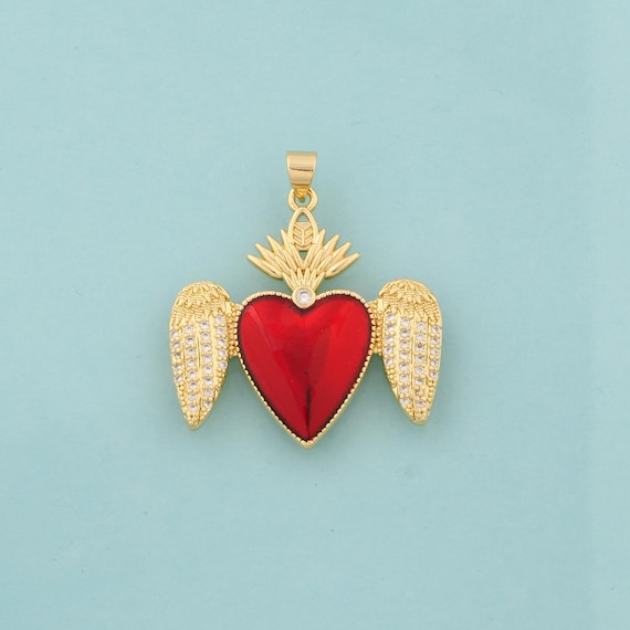 Gold CZ Heart Charms,Angel Wing Jewelry,Heart Pendant for DIY Jewelry Making,18K Gold