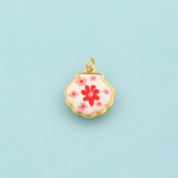 Gold Shell Charms,Flower Jewelry,Enamel Oyster Pendant for DIY Jewelry Making,18K Gold