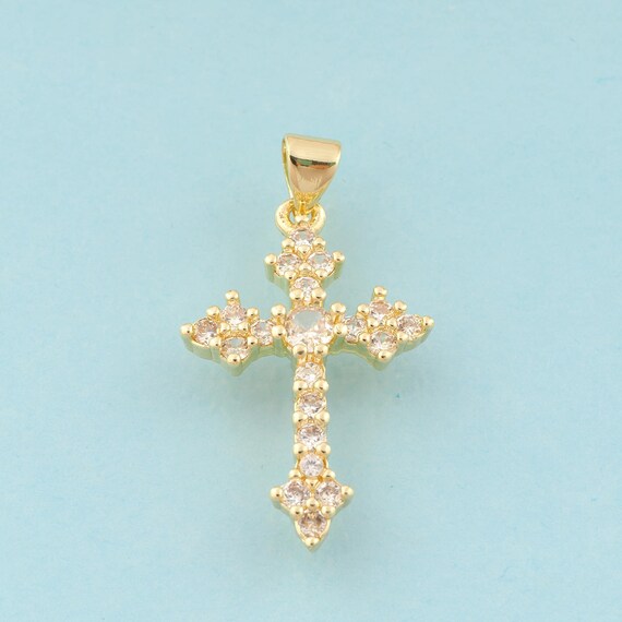 Gold CZ Cross Charms,Religious Jewelry,Christian Pendant for DIY Jewelry Making,18K Gold