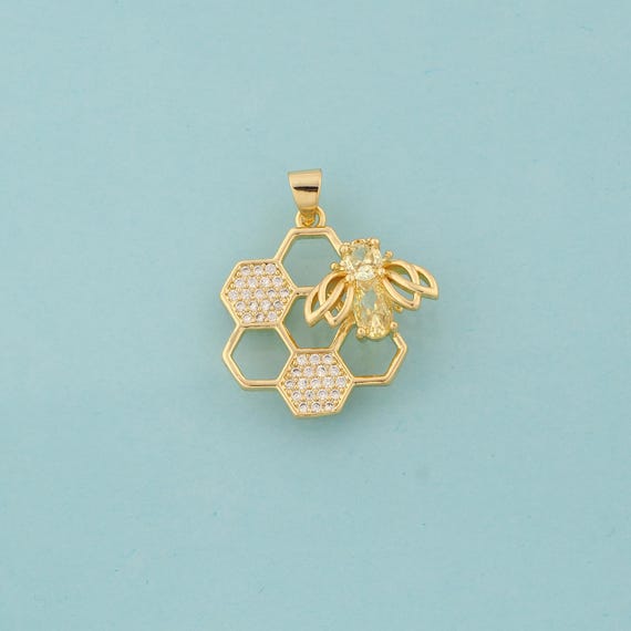 Gold CZ Honeycomb Charms,Bee Jewelry,Honeycomb Pendant for DIY Jewelry Making,18K Gold