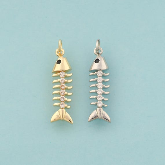 Gold CZ Fishbone Charms,Fishbone Jewelry,Fishbone Pendant for DIY Jewelry Making,18K Gold