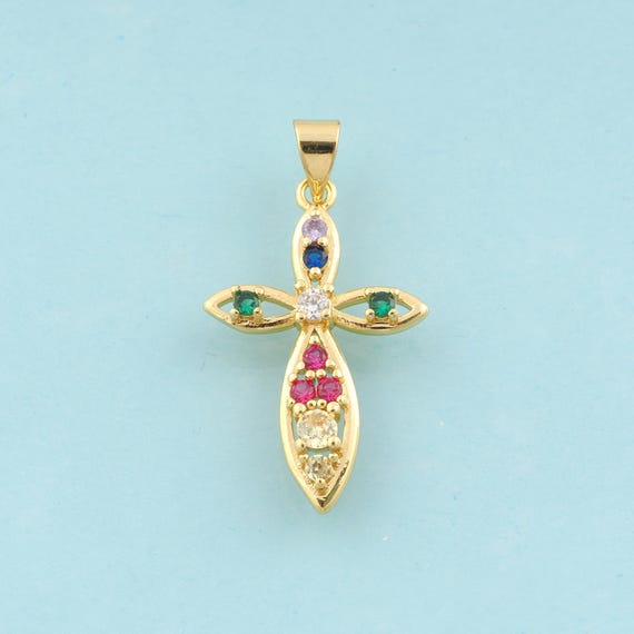 Gold CZ Cross Charms,Religious Jewelry,Christian Pendant for DIY Jewelry Making,18K Gold