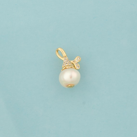 Gold CZ Open Bail Ringed White Freshwater Pearl Charms,Pearl Jewelry,Pearl Pendant for DIY Jewelry Making,18K Gold