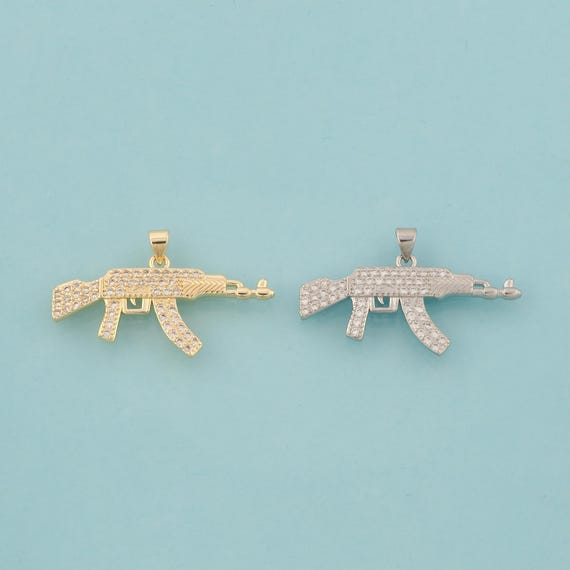 Gold CZ Weapons Charms,Gun Jewelry,AK47 Rifle Pendant for DIY Jewelry Making,18K Gold