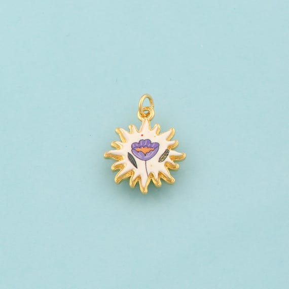 Gold Sun Charms,Flower Jewelry,Enamel Sunburst Pendant for DIY Jewelry Making,18K Gold