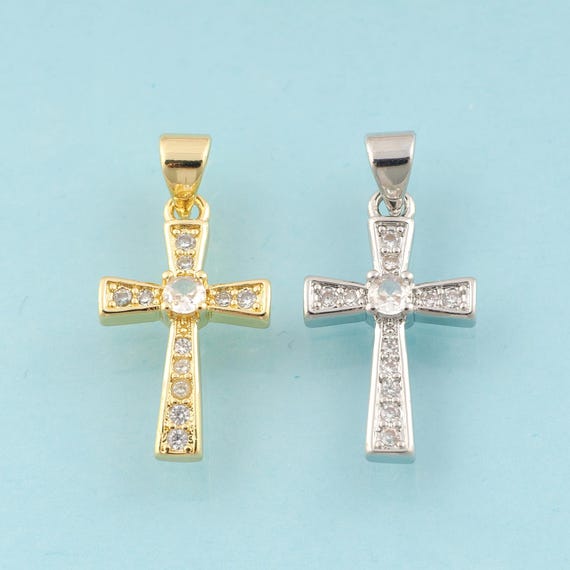 Gold CZ Cross Charms,Religious Jewelry,Christian Pendant for DIY Jewelry Making,18K Gold & Rhodium