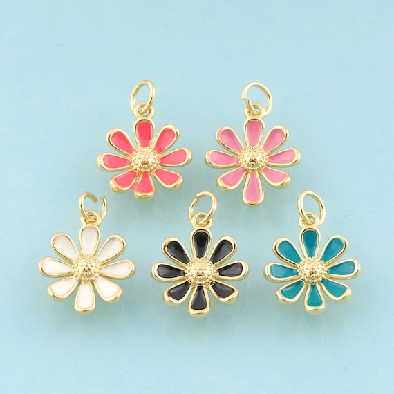 Gold Enamel Flower Charms,Plant Jewelry,Flower Pendant for DIY Jewelry Making,18K Gold