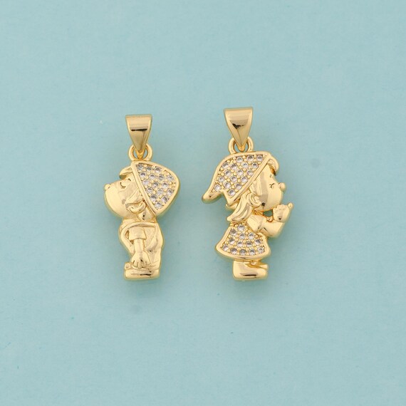 Gold CZ Character Charms,Boy Jewelry,Girl Pendant for DIY Jewelry Making,18K Gold