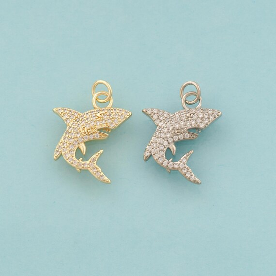 Gold CZ Shark Charms,Marine Life Jewelry,Shark Pendant for DIY Jewelry Making,18K Gold