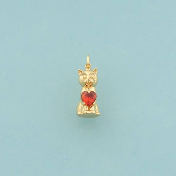 Gold CZ Cat Charms,Heart Jewelry,Animal Pendant for DIY Jewelry Making,18K Gold