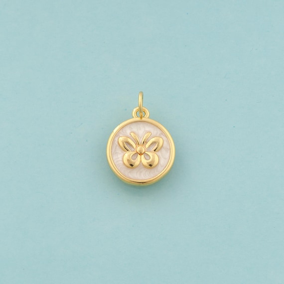 Gold Butterfly Charms,Insect Jewelry,Enamel Round Pendant for DIY Jewelry Making,18K Gold