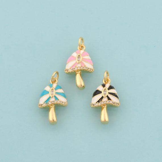 Gold CZ Mushroom Charms,Mushroom Jewelry,Enamel Mushroom Pendant for DIY Jewelry Making,18K Gold