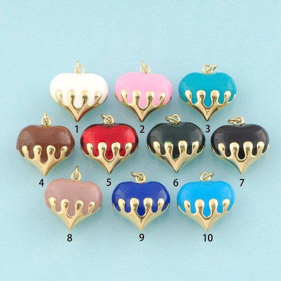 Gold Enamel Heart Charms,Puffed Heart Jewelry,Heart Pendant for DIY Jewelry Making,18K Gold
