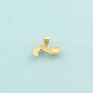 May include: A gold-colored pendant in the shape of a curved, elongated form, possibly a geographical outline. The pendant has a small loop at the top for a chain. The background is a solid light blue.