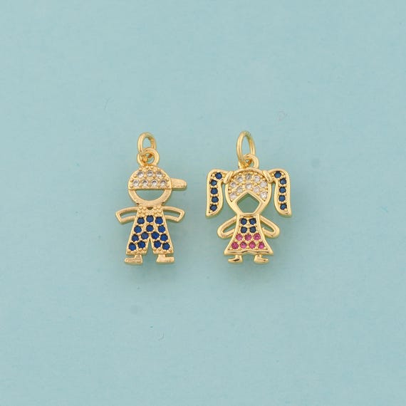 Gold CZ Character Charms,Boy Jewelry,Girl Pendant for DIY Jewelry Making,18K Gold