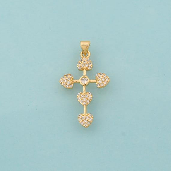 Gold CZ Cross Charms,Heart Jewelry,Christian Pendant for DIY Jewelry Making,18K Gold