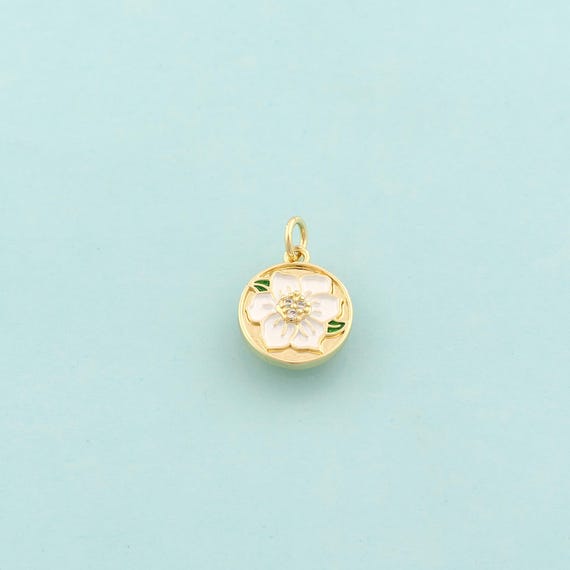 Gold CZ Cherry Blossom Charms,Flower Jewelry,Enamel Round Pendant for DIY Jewelry Making,18K Gold