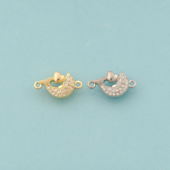 Gold CZ Dolphin Connector,Marine Life Jewelry Connector,Heart Connector for DIY Jewelry Making,18K Gold