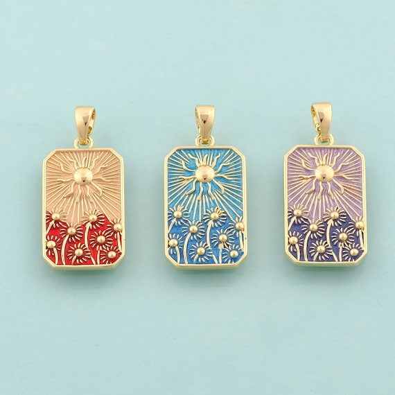 Gold Sun Charms,Sunburst Jewelry,Enamel Sunflower Pendant for DIY Jewelry Making,18K Gold