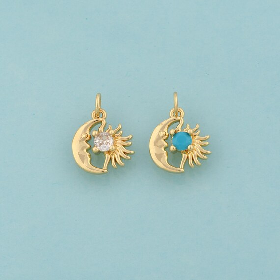 Gold CZ Moon Face Charms,Sun Jewelry,Celestial Pendant for DIY Jewelry Making,18K Gold