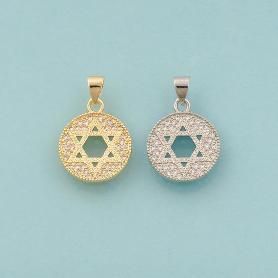 Gold CZ David Star Charms,Jewish Star Jewelry,Round Pendant for DIY Jewelry Making,18K Gold