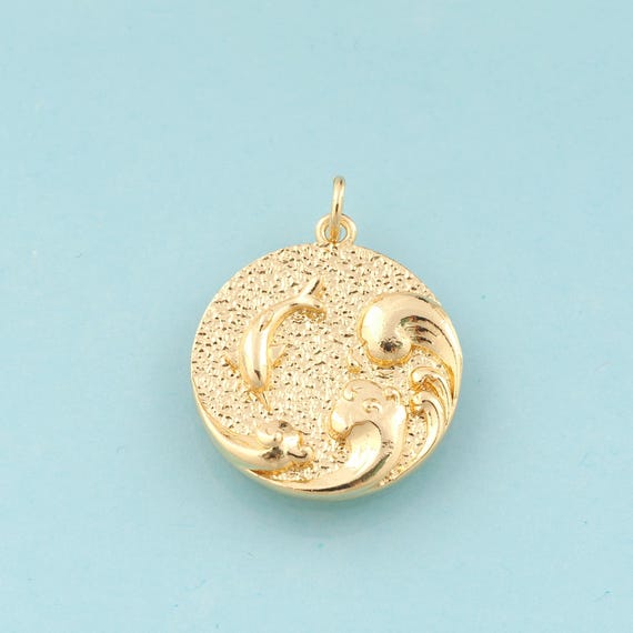 Gold Fish Charms,Round Jewelry,Wave Pendant for DIY Jewelry Making,18K Gold