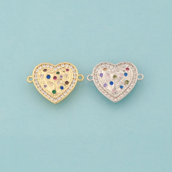 Gold CZ Heart Connector,Love Jewelry Connector,Heart Connector for DIY Jewelry Making,18K Gold & Rhodium