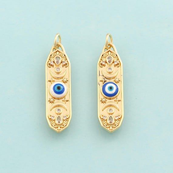 Gold CZ Moon Star Charms,Evil Eye Jewelry,Enamel Devil Eye Pendant for DIY Jewelry Making,18K Gold