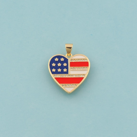 18K Gold Filled Heart Charm: American Flag Enamel Pendant